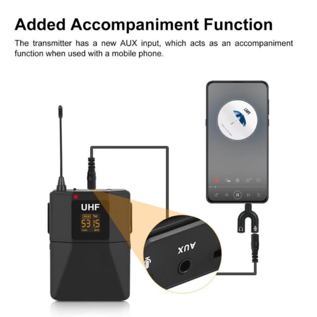 XTUGA Wireless Lavalier Microphone with Audio Monitor Function Camera Mic UHF Wireless Lapel Mic for Smartphones DSLR Cameras