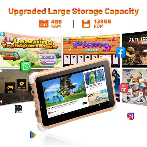 NODIZZ Local Stock-Npad732 7 inch Kids Educational Tablet, System Displayed RAM 4GB +ROM 128GB Support SIM+WiFi Preloaded Learning Apps, Parental Control Shockproof & Long Battery Fast Shipping & Charging Coming with 2 gifts, Brown