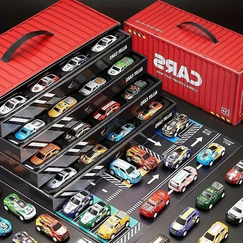 General Collector's Edition Gift Set of 48 Simulated Racing Cars. Includes a map, parking lot, and four-level track. Interactive toys